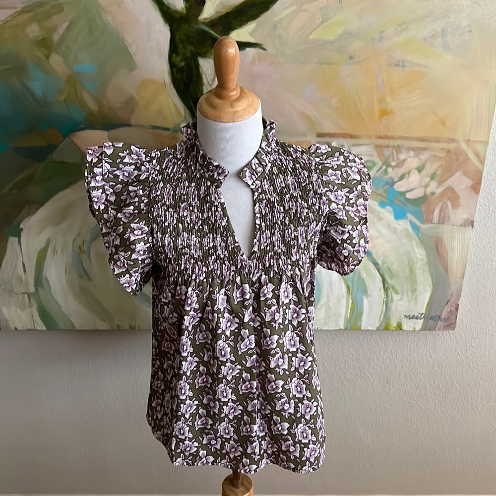 THML smocked Floral Blouse puff sleeve XS